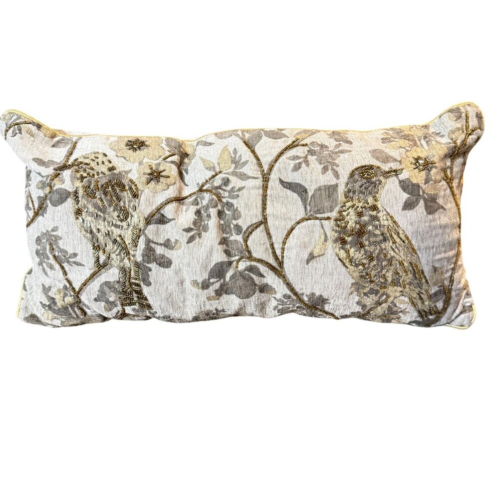 Beaded Embroidered Bird Decorative Pillow 24"x12" Beige/Gold Polyester
